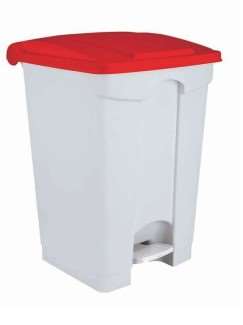 Image de POUBELLE PLASTIQUE A PEDALE 45L BLANC COUVERCLE ROUGE- 19248