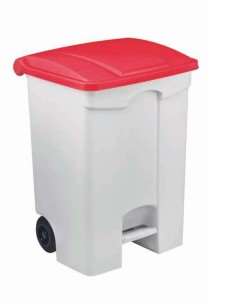 Image de POUBELLE MOBILE PLASTIQUE PEDALE 70L BLANC COUV ROUGE- 19250