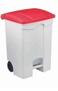 Image de POUBELLE MOBILE PLASTIQUE PEDALE 90L BLANC COUV ROUGE- 19250